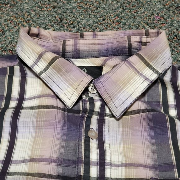Prana Men's Large Purple Plaid Print Short Sleeves Button Up Collared Shirt - Picture 4 of 7